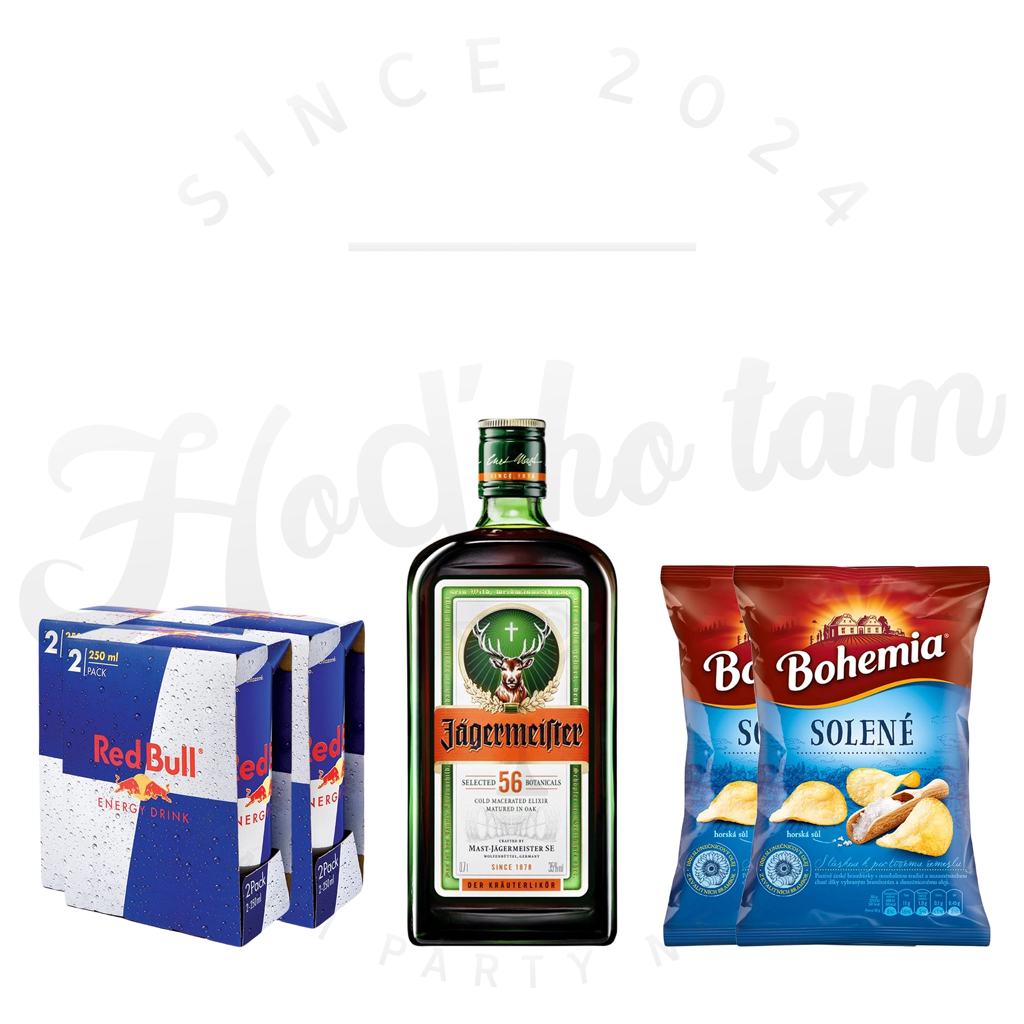 Jägermeister 1l, 6 ks Red Bull 0,25l, 2 ks Bohemia chips 60g ZDARMA