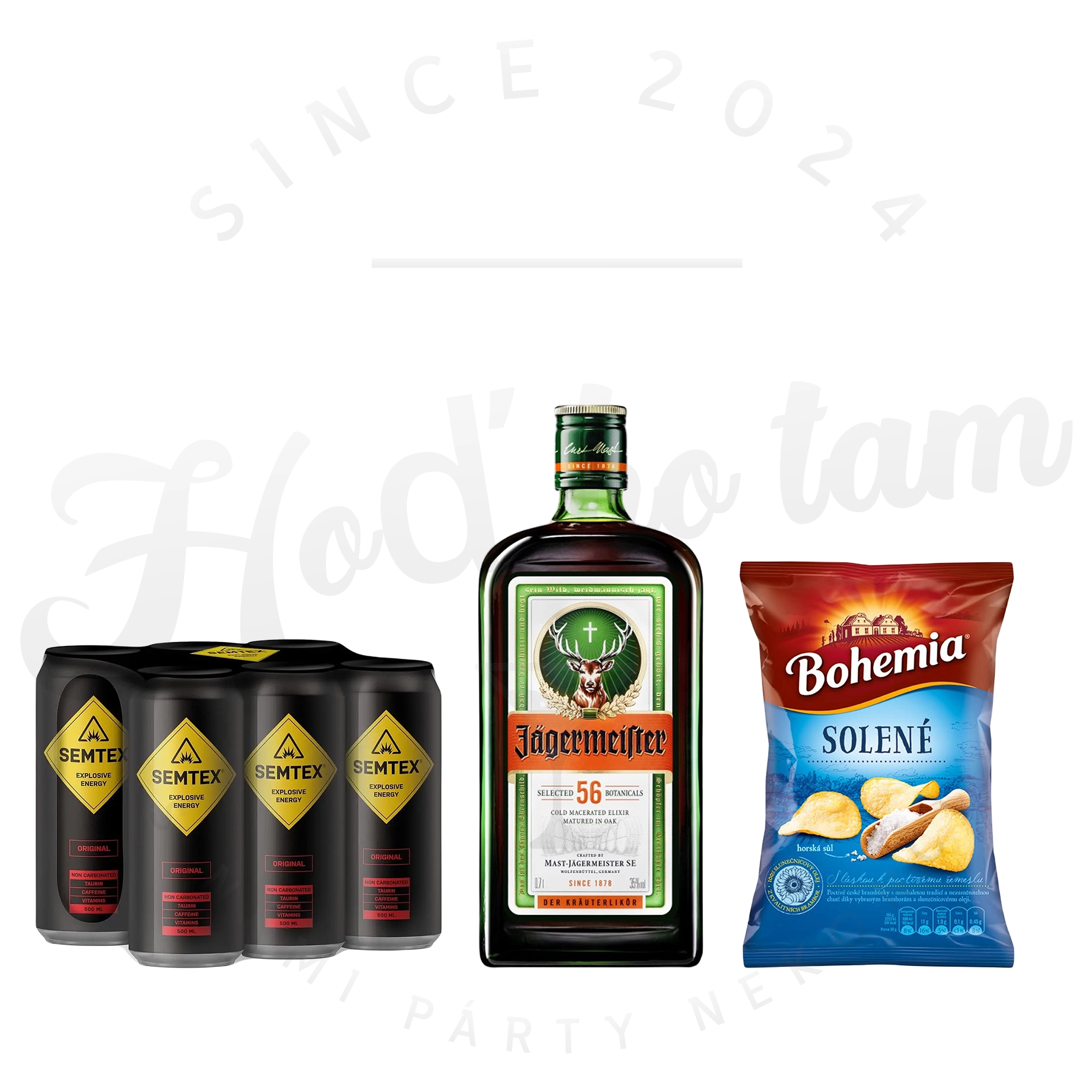 Jägermeister 1l, 6 ks SEMTEX 0,5l, Bohemia chips 60g ZDARMA